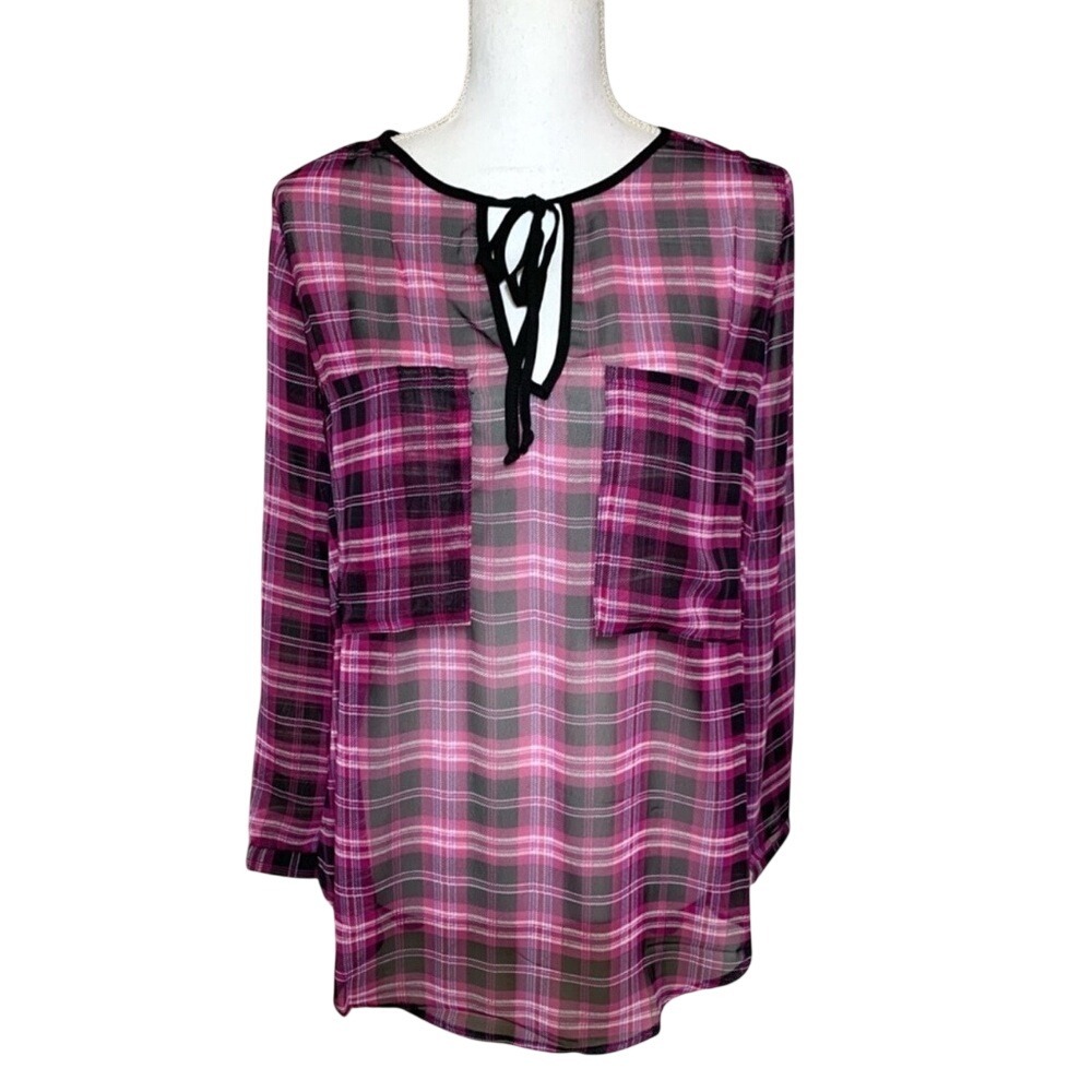 NWT Three Eighty Two Women  Plaid Tunic Long Sleeve Tie Front Blouse XS to Small